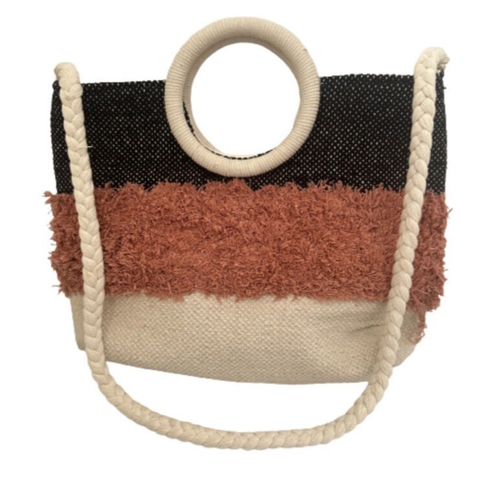 Time and Tru Womens Boho Tote Bag Ring Handle Crossbody Fringe Beach Vacation
